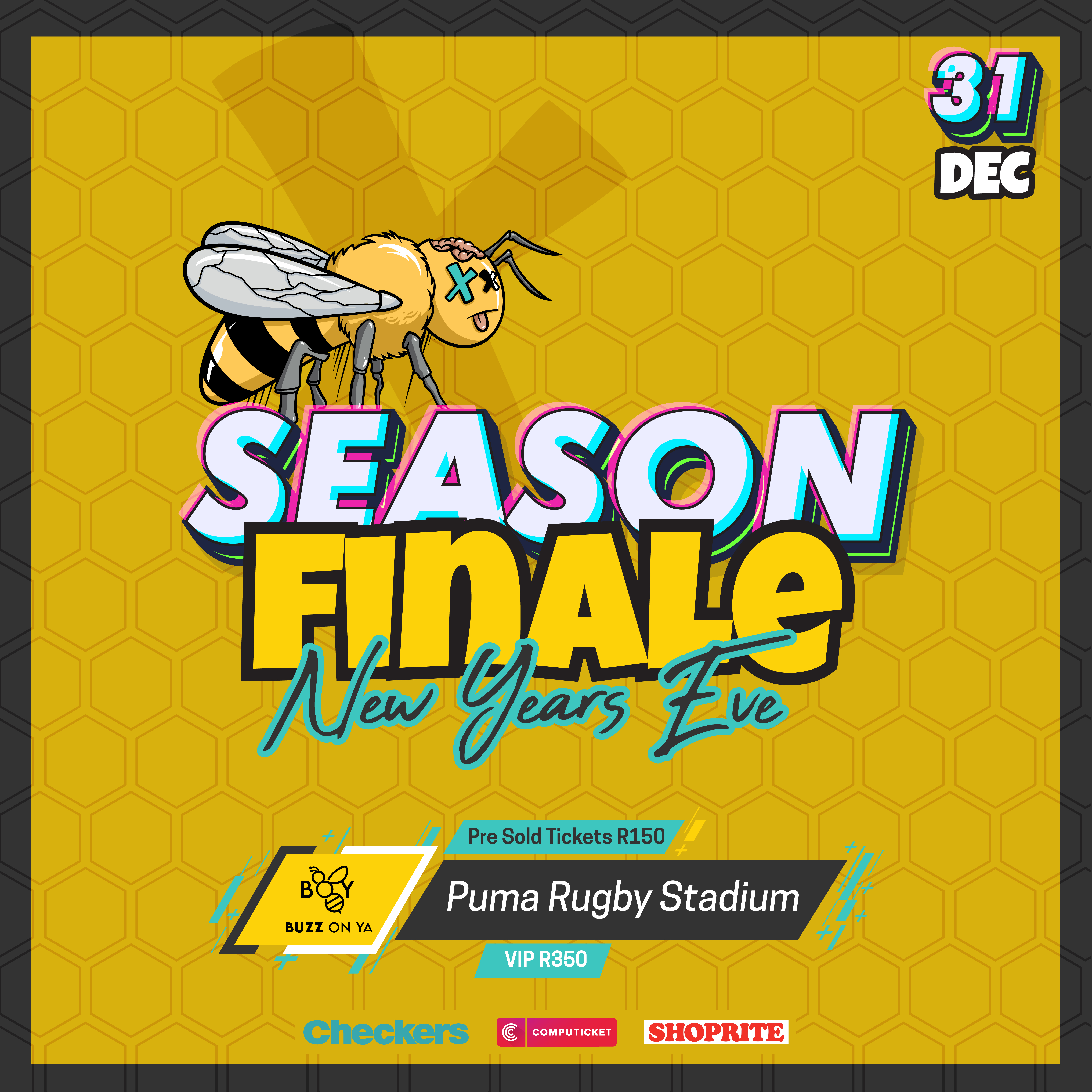 A graphic illustration  featuring a bee with a festive background. The text is in bright, colorful letters with a honeycomb pattern in the background. 